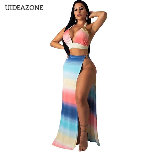 

ladies pastel rainbow color set club outfits crop side slit maxi skirt matching sets 2 piece set deep-v neck sleeveless, White