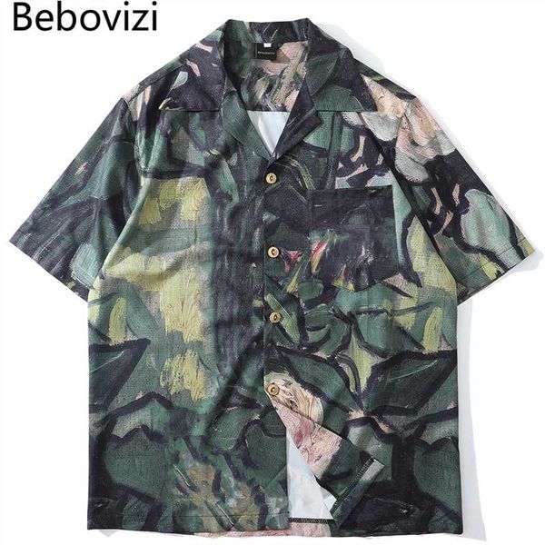 

bebovizi fashion painting print hawaiian shirts male streetwear hip hop casual beach camisas shirt summer men green, White;black