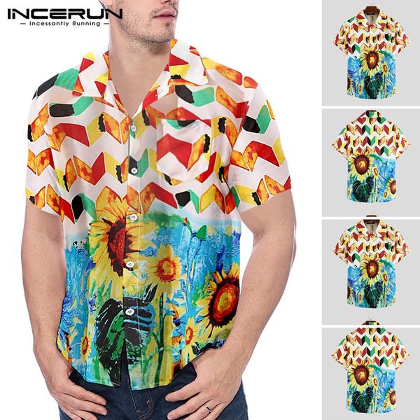 

incerun 2020 men summer vocation hawaiian beach shirt man loose short sleeve shirts sunflower printed lapel casual camisa, White;black