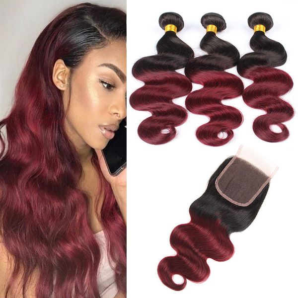 

brazilian virgin hair 1b/99j body wave 3 bundles with 4x4 lace closure 4 pieces/lot 1b 99j body wave hair wefts with closure middle free, Black;brown