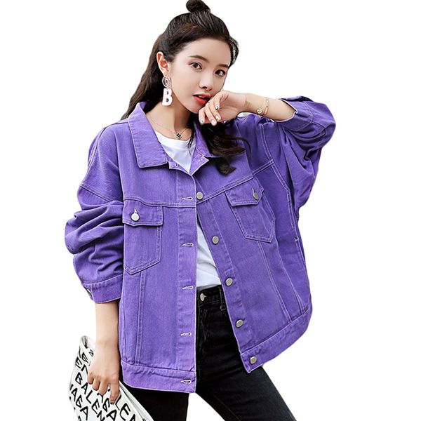 

2019 new fashion denim jacket women loose style long sleeve turn down collar jeans coat female purple cotton denim coat cm1215, Black;brown