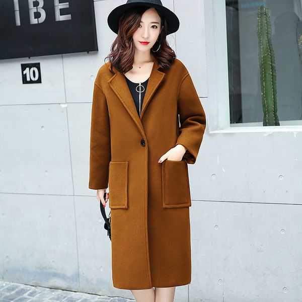 

elegant solid long wool coat single button wide-waisted wool blend coat and jacket turn-down collar women coats autumn winter, Black