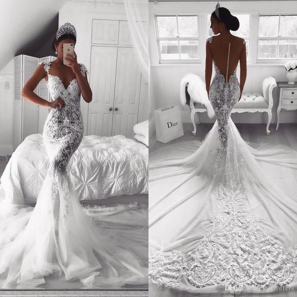 

2020 vintage full lace mermaid wedding dresses sheer v neck illusion button back court train tulle wedding dress bridal gowns custom, White