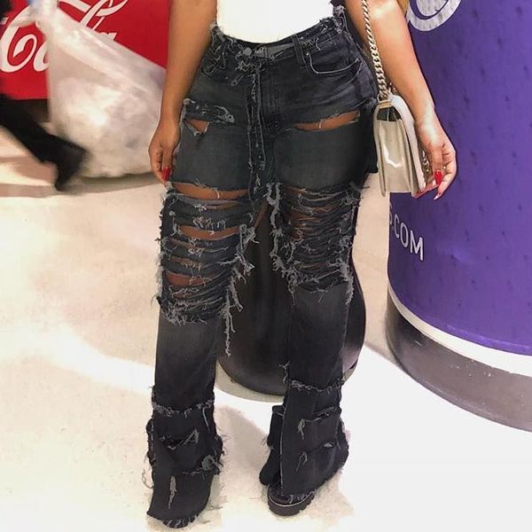 

lasperal hollow out ripped jeans for women personality high waist black elastic denim pants femme bodycon club flare pants, Blue