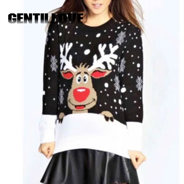 

christmas winter women sweater with elk deer autumn female pullover lady jumper thicken plus size oversize new year sweater, White;black