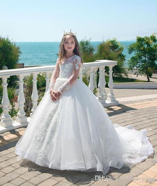 Güzel Beyaz Abiye Prenses Çocuk Gelinlik Dantel Aplikler İnci Uzun Kollu Kız Yarışması Elbisesi Tül Çiçek Kız Elbise