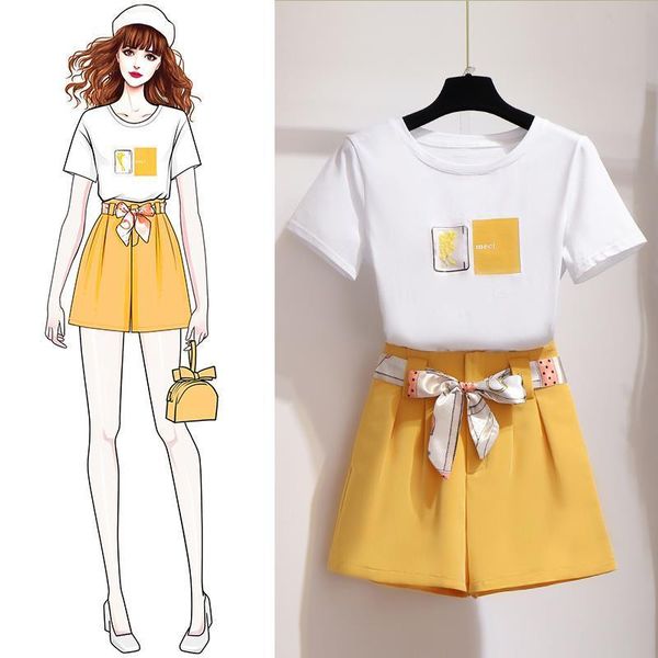 

two piece dress women 2021 summer short sleeve print basic t-shirt + high waist wide leg shorts two-piece female casual sweet suit y208, White