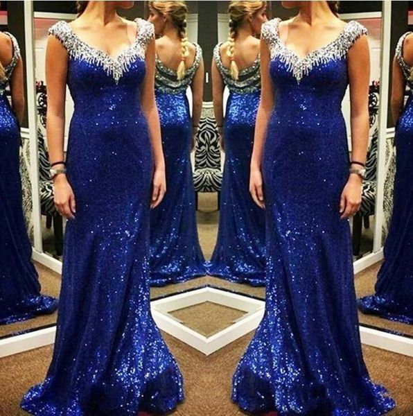 

Hot Sale V-neck Sequins Evening Dresses Long Zipper Back Beaded Formal Evening Gowns Prom Dresses Vestido De Noche