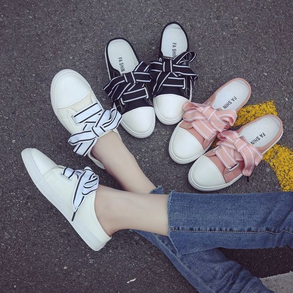 

women half slippers ladies canvas shoes semi slipper candy color yellow shoes casual leisure skateboard white sneaker, Black
