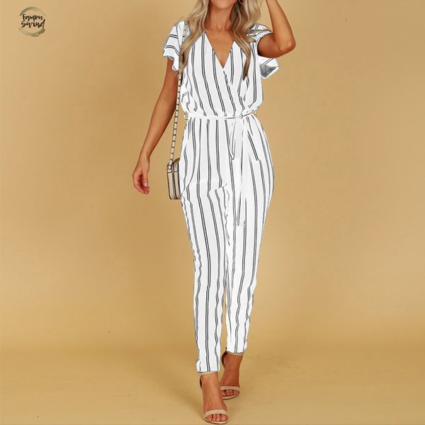 

2019 striped jumpsuit women hight waist casual trousers ladies v neck belted bodysuit workwear overall plus size 5xl, Black;white
