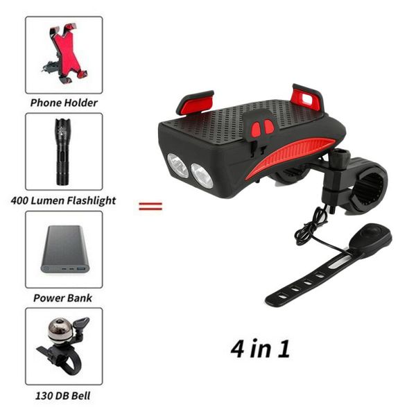 

multi-function bike light 4in1 usb chargeable led cycling horn phone holder power bank mtb bicycle accessories