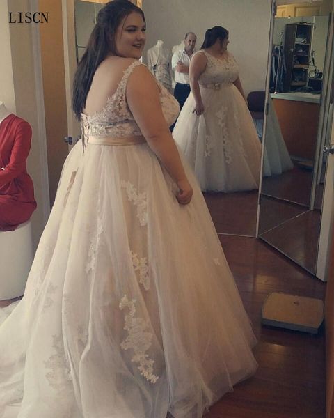 

vestidos de noiva new champagne sash handmade flower plus size wedding dress backless boho corset tulle appliques garden bridal gowns, White