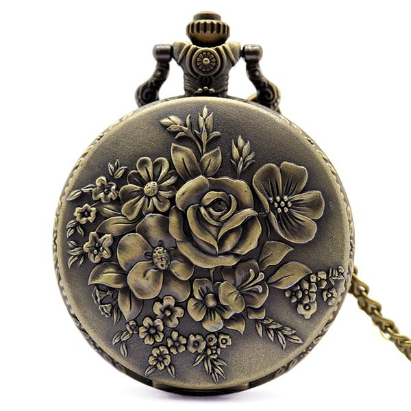 

retro vintage blooming flowers quartz pocket watch analog display clock necklace chain watches for women lady gifts, Slivery;golden
