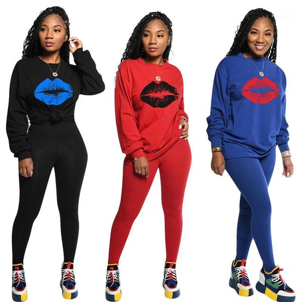 

lips two piece outfits womens solid color printing suits women long sleeve suits female slim print, White
