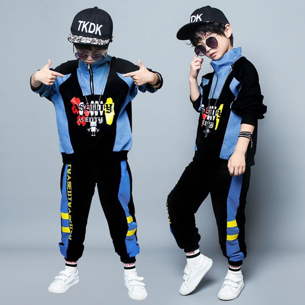 

children boys clothing sets sports suits spring autumn kids tracksuits teenage boys clothing hip hop dance costumes 4-12years, White