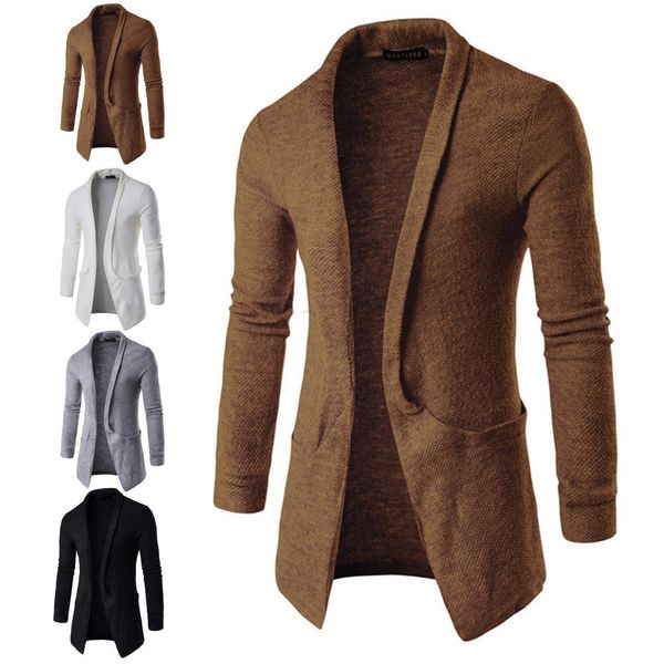 

casual men solid color coat cardigan lapel big pockets long coat trench, White;black