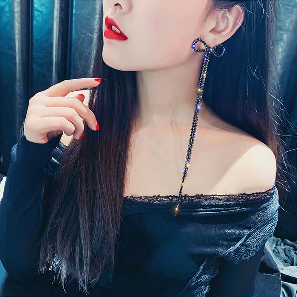 

925 silver europe and america queen fan ultra-long chain tassel earring bow ear stud exaggeration earrings online celebrity ear