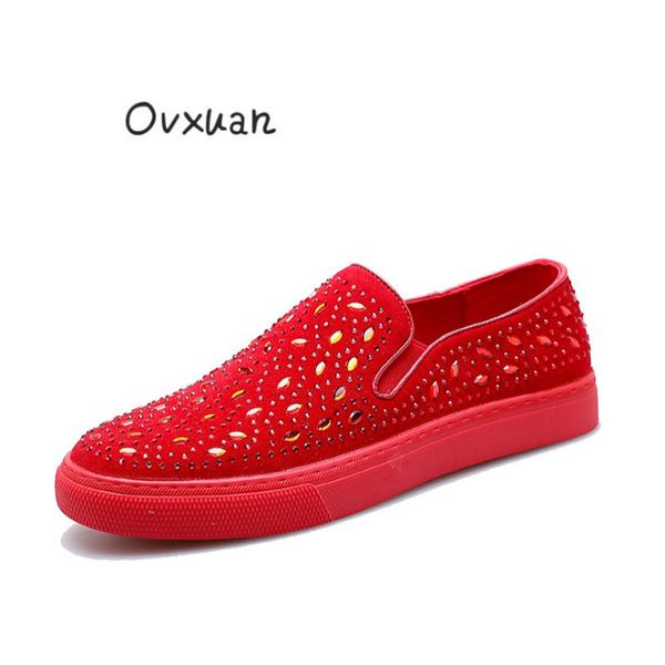 

ovxuan leather loafers men shoes rhinestones wedding dress shoes smoking slipper fashion trend men's flats sneakers, Black