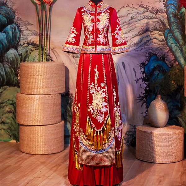 

tassel women satin cheongsam party dress emdroidery stand collar classic ancient vintage button costume toast clothing qipao, Red