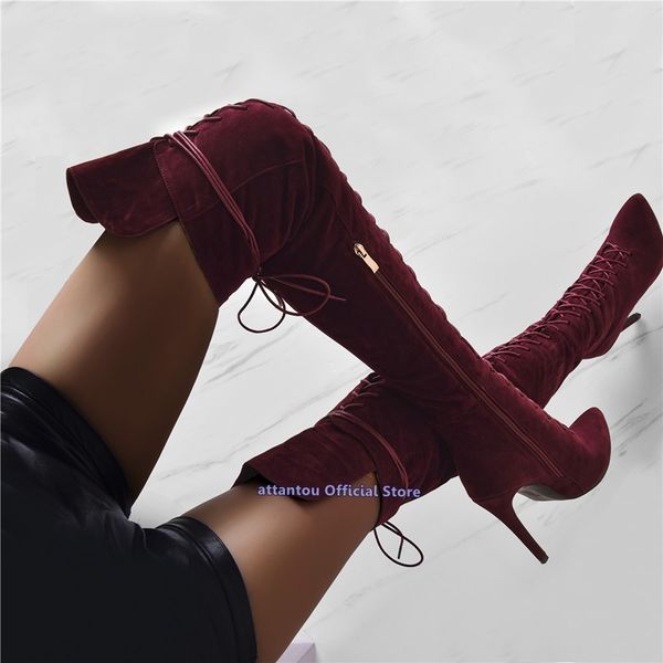 

red black beige thin high heeled over the knee boots woman lace up solid color pointed toe winter shoes thigh high slouch bota