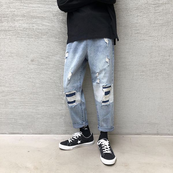 

autumn new jeans men fashion wash hit color hole patch denim trousersman streetwear wild hip hop loose jeans pants male clothes, Blue