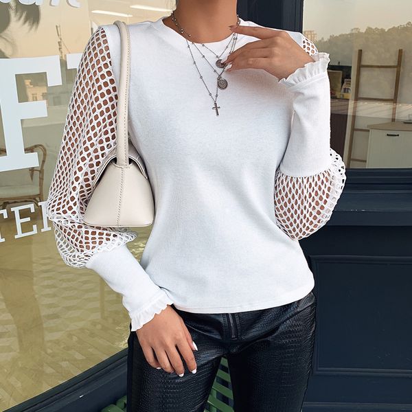

fashion women mesh long sleeve round neck sweater jumper shirt ladies autumn casual blouse pullover, White