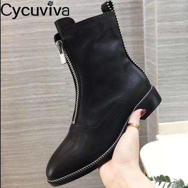 

ankle boots for women chic rivet decor real leather knight boots runway flat winter ladies shoes black front zipper women