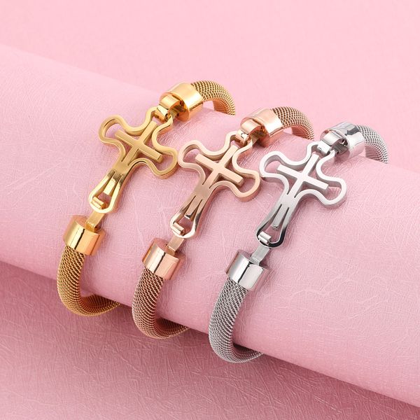 

bangle stainless steel gold cross charm bangles for women jewellry rose gold/silver mesh chain pulseira accessories 2021, Black