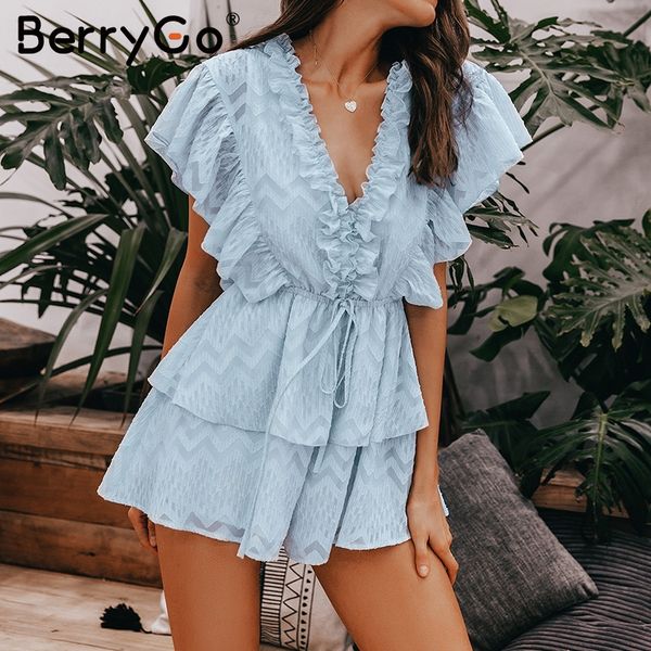 

berrygo casual elegant ruffle summer blue jumpsuit women v neck sashes chiffon romper ladies vintage short jumpsuit overall, Black;white