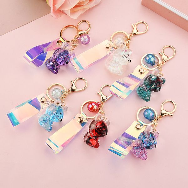 

liquid key chains glitter quicksand keyring acrylic key fob backpack pendant couples boyfriend friend animal mouse keychain gift, Silver