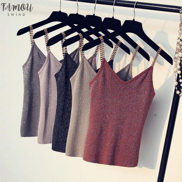 

summer women v neck knitted vest bling glitter sleeveless tank for girls lady fashion vest for club party, White