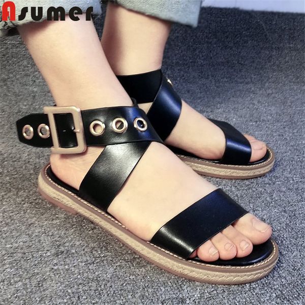 

asumer size 35-40 new summer sandals buckle ladies shoes flat with ladies shoes comfortable gladiator sandals women 2019, Black
