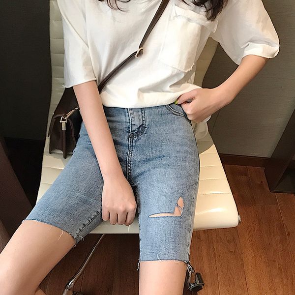 

ewq] 2020 лето новый тренд дизайн женская высокая талия отверстия повседневная длина до колен брюки мода спорт вырез велоспорт джинсы qx060, Blue