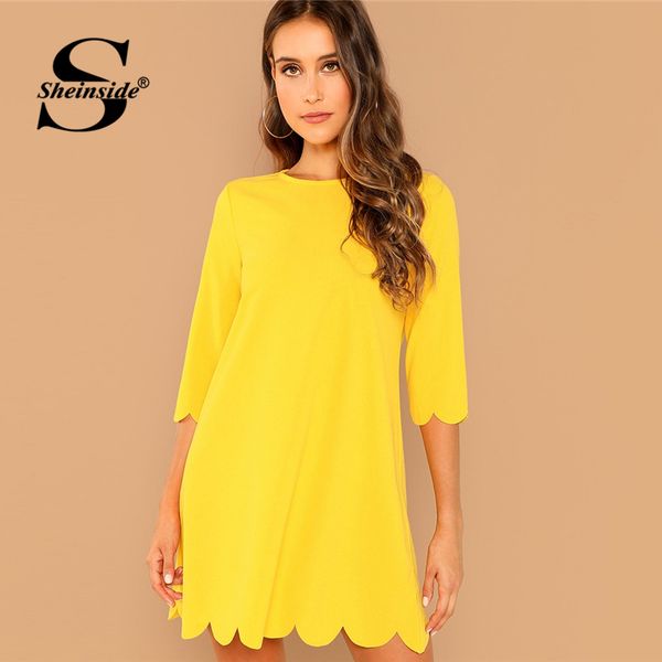 

sheinside yellow scalloped edge tunic dress elegant women straight dresses 2019 womens clothing office ladies solid mini dress, Black;gray