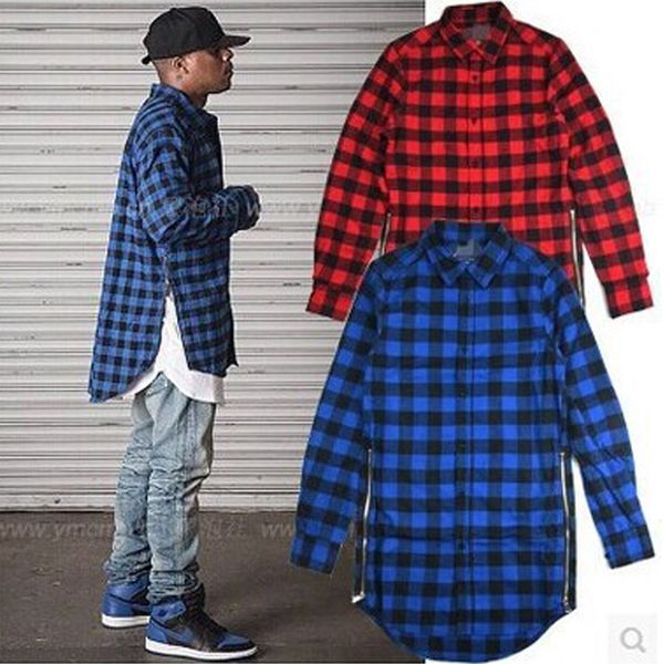 

2020 men dress shirts scottish blue red black side zipper men plaid long sleeve shirt fashion hip hop streetwear men blouse, White;black
