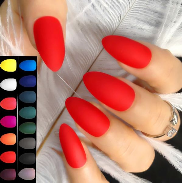 24PCS unghie finte acriliche a punta lunga unghie a pressione opache rosse tacco alto dita finte artificiali