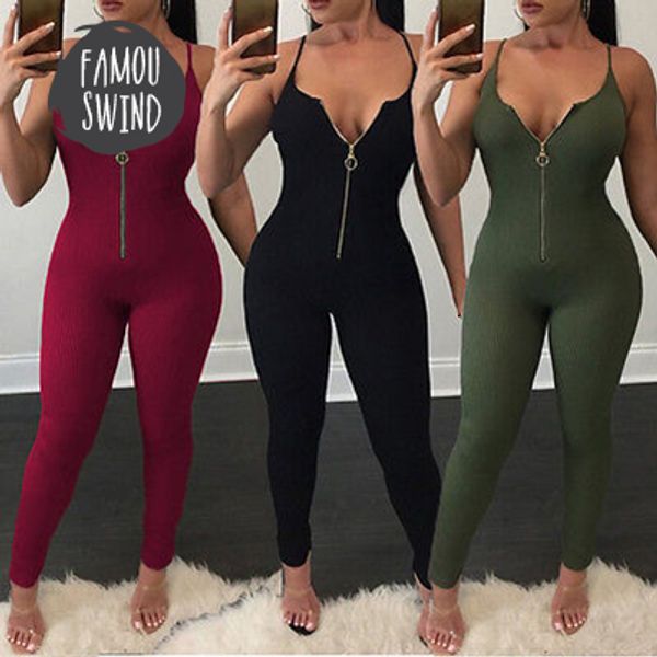 

lady romper women v neck clubwear zipper sleeveless solid playsuit bodycon party jumpsuit trousers woman jumpsuits, Black;white