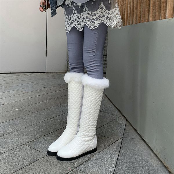 

2019 fashion winter snow boots women white black high heel faux fur design sewing plaid knight long boots female shoes