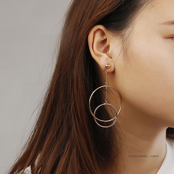 

New Simple Double Round Circle Drop Earrings Women's Golden Silver Color Unquie Geometric Earrings Gift For Party Wedding