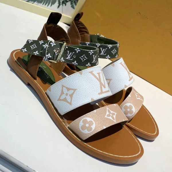 

Chic branded women letter print canva formentera andal de igner lady colorful leather trap buckle leather ole flat andal