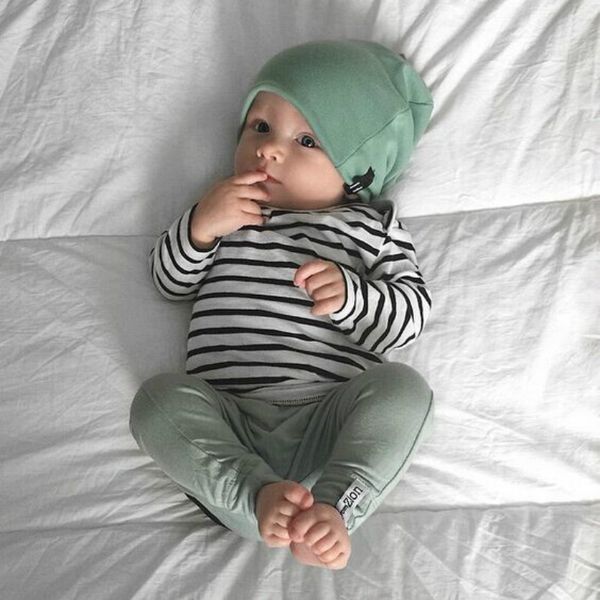 

2019 spring and autumn baby boy clothes set casual 3pcs (hat + t-shirt, pants) the striped leisure baby boys clothing sets, White