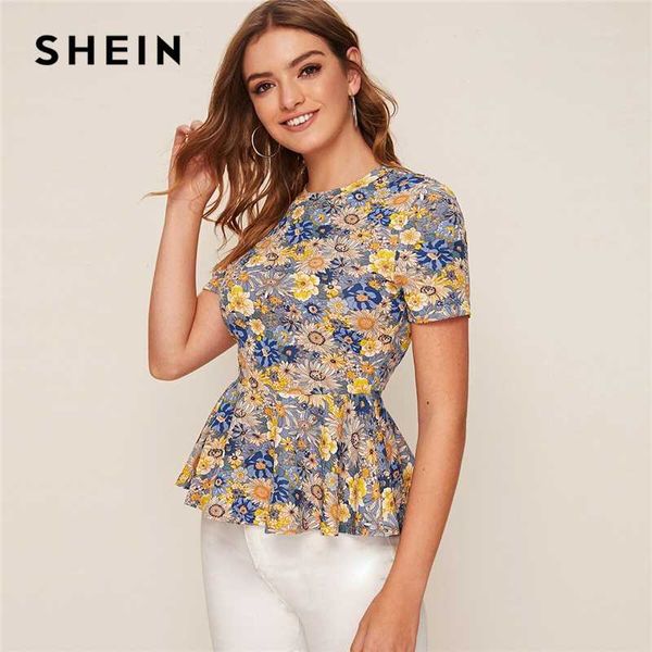 

shein multicolor floral print peplum short sleeve women 2020 summer flared ruffle hem o-neck womens blouses and, White