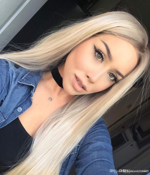 

24inces fashion ombre blonde glueless lace front wigs dark roots side part long natural straight heat resistant synthetic hair replacement, Black