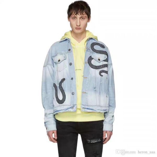 

mens designer denim jacket ami 19ss embroidery snake jacket locomotive tide brand jeans clothing men denim coats us size: s-xl, Black;brown