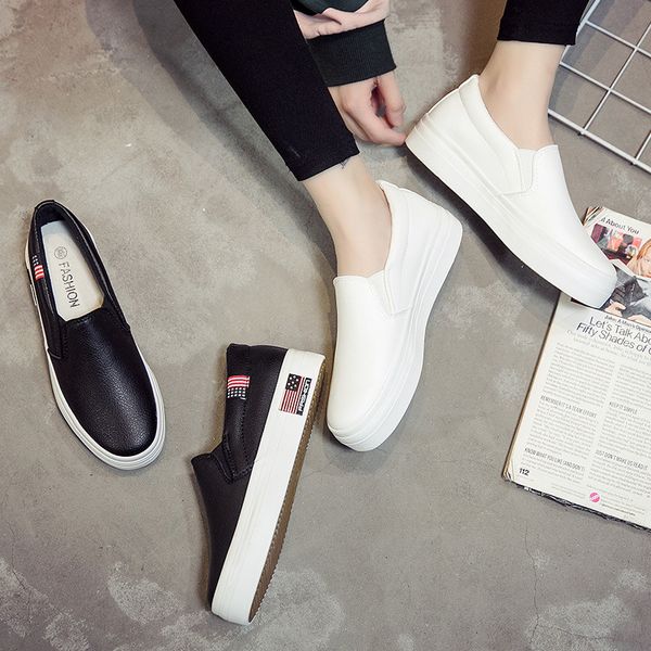 

2019 autumn white pu leather women's shoes white thick bottom lok fu lazy student shoes, Black