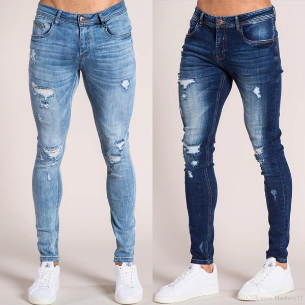 

mens skinny jeans super skinny jeans men ripped stretch denim pants elastic waist big size asian size, Blue