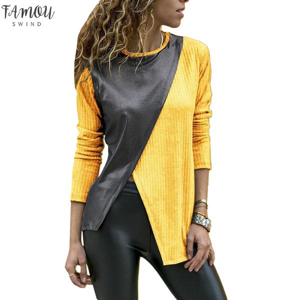 

long women block faux sleeve polyester leather shirt patchwork fashion quality t irregular drop shipping good color jiwem, Black