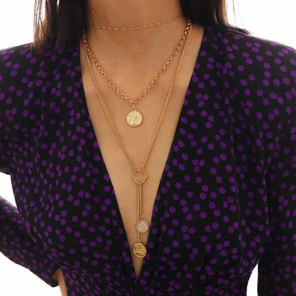 

diezi vintage fashion chain necklace punk multilayer geometric coin circle pendant choker statement necklaces for women jewelry, Silver