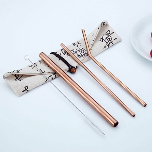 

4pcs drinking straight straws reusable 304 stainless steel straw metal silicone cover with brush bag wholesale