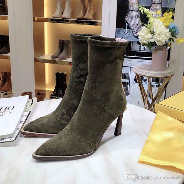 

fashion stretch wedding shoes for bride breathable elastic slim work boots with thin heel 8.5 cm women pointed or ankle boots high quality, Black